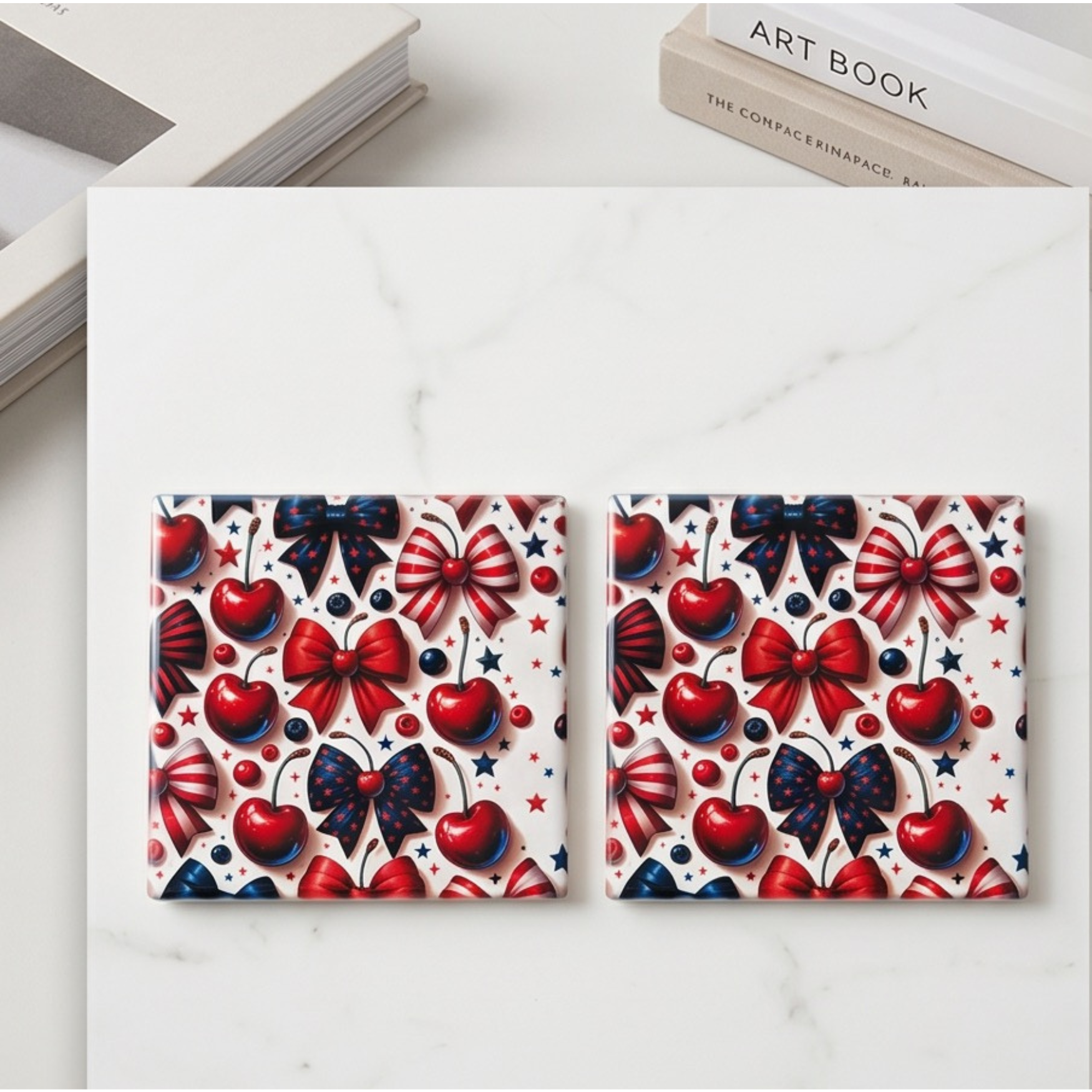 Cherries/Bow 4" ceramic coasters set