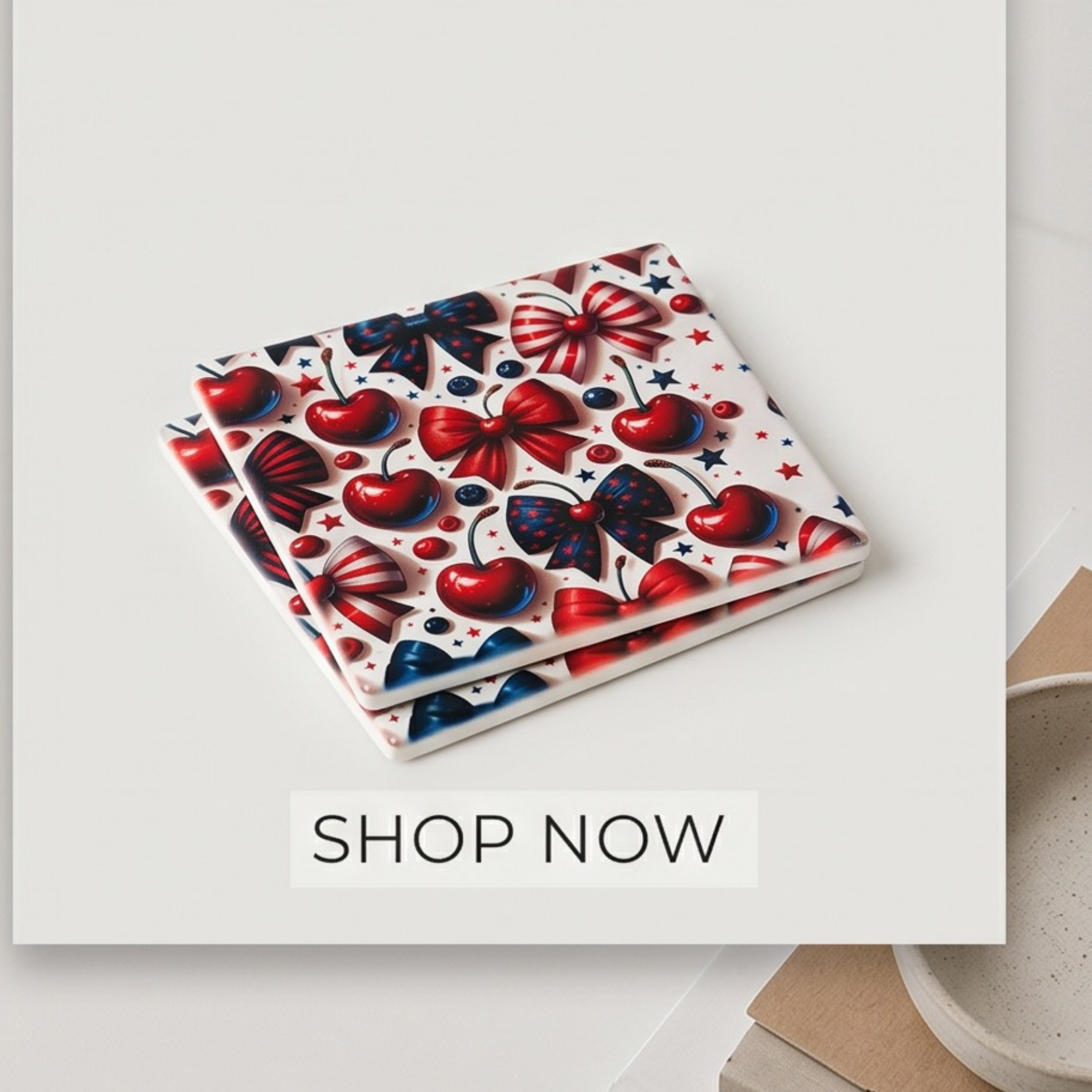 Cherries/Bow 4" ceramic coasters set