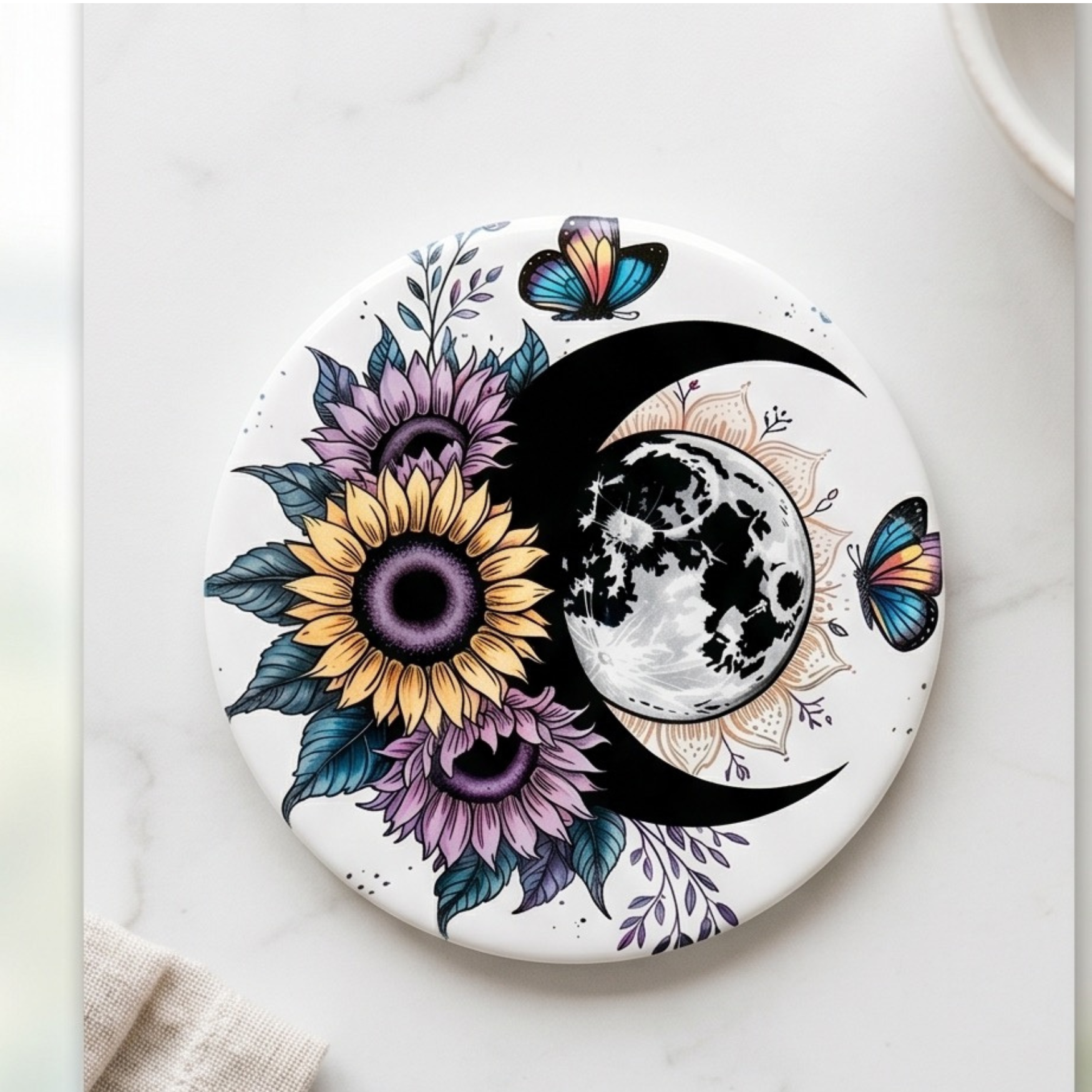 Sunflower/Moon 4" Ceramic coaster
