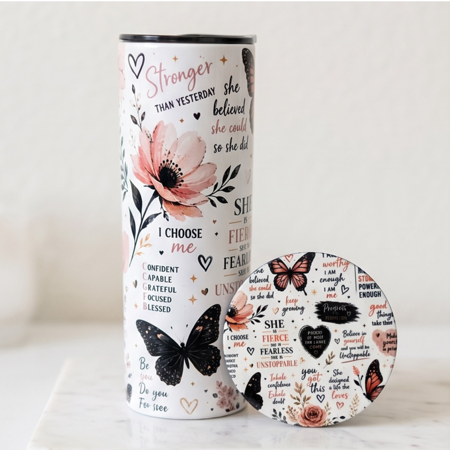 She believed she could so she did 20oz Tumbler & 4" ceramic coaster bundle