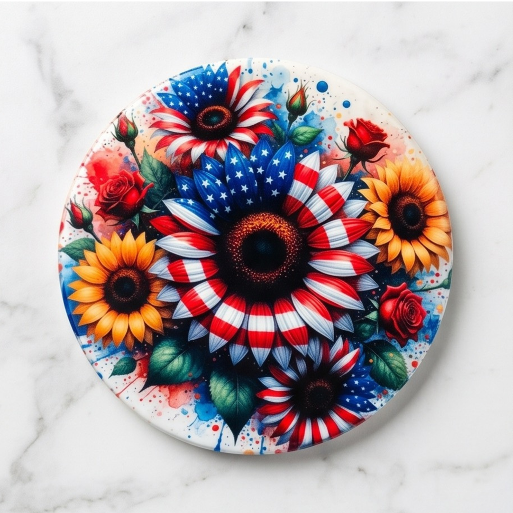 Sunflower/US flag 4" ceramic coaster