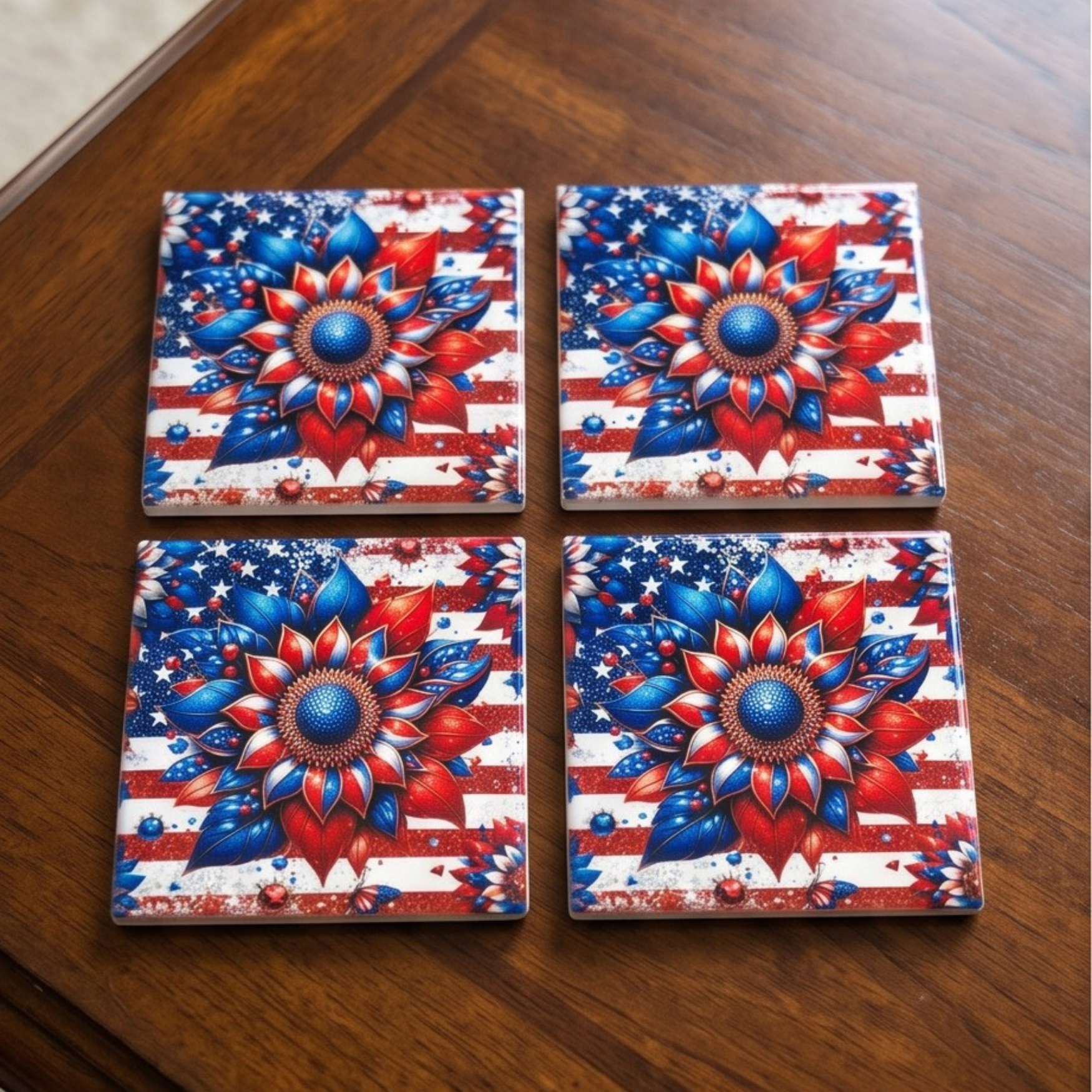 4th of July Sunflower 4" ceramic coaster set