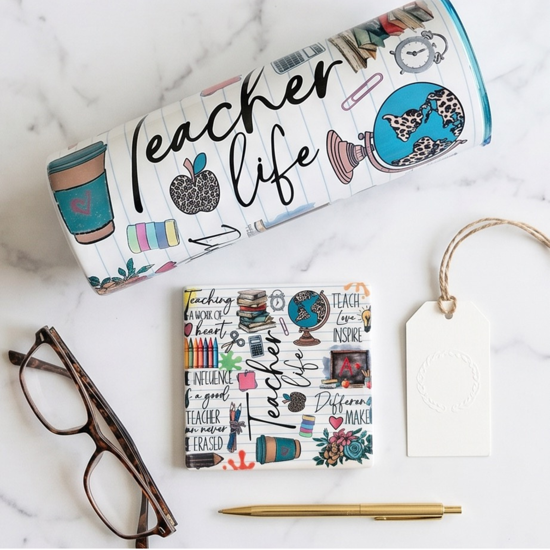 Teacher life 20oz Tumbler & 4" ceramic coaster Bundle