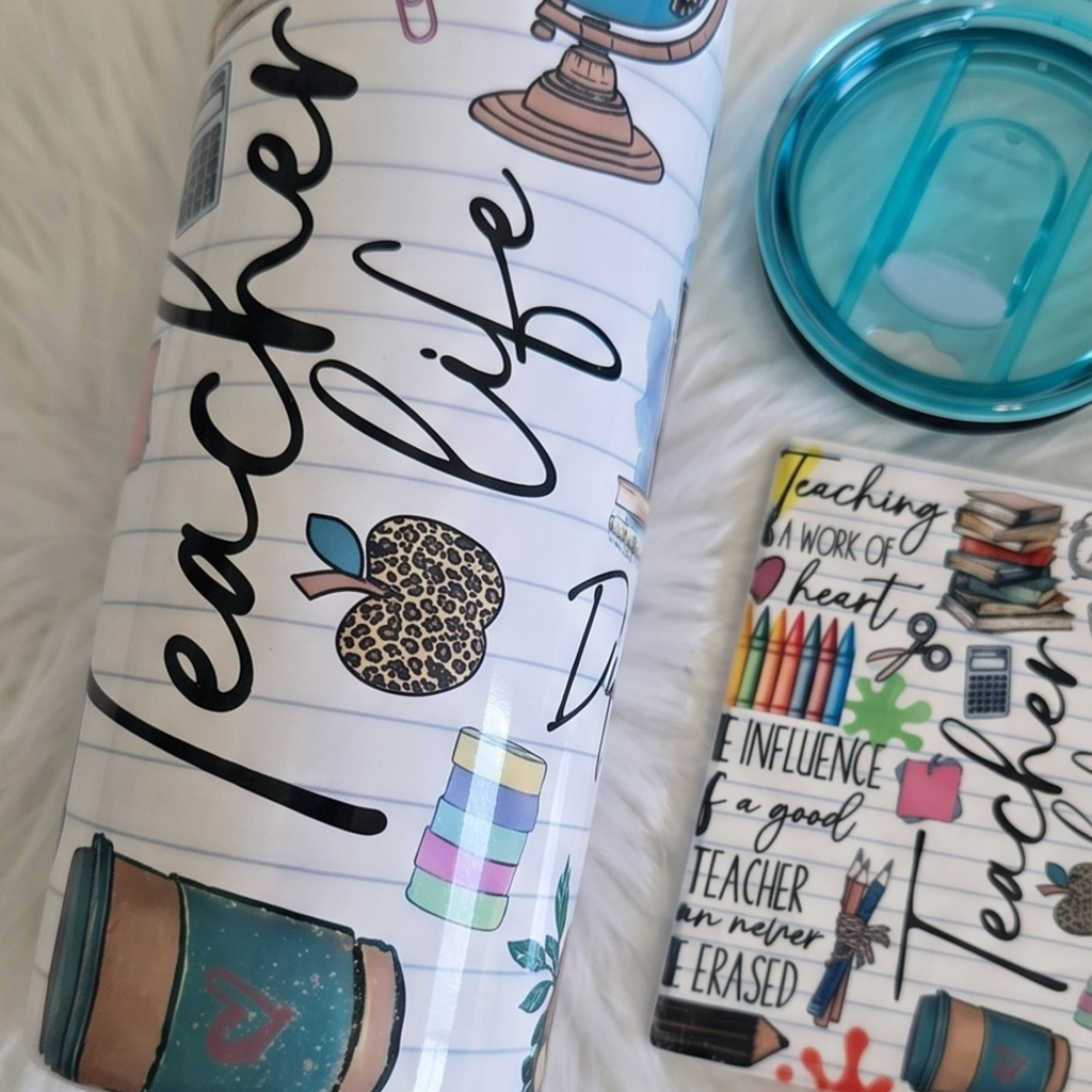 Teacher life 20oz Tumbler & 4" ceramic coaster Bundle