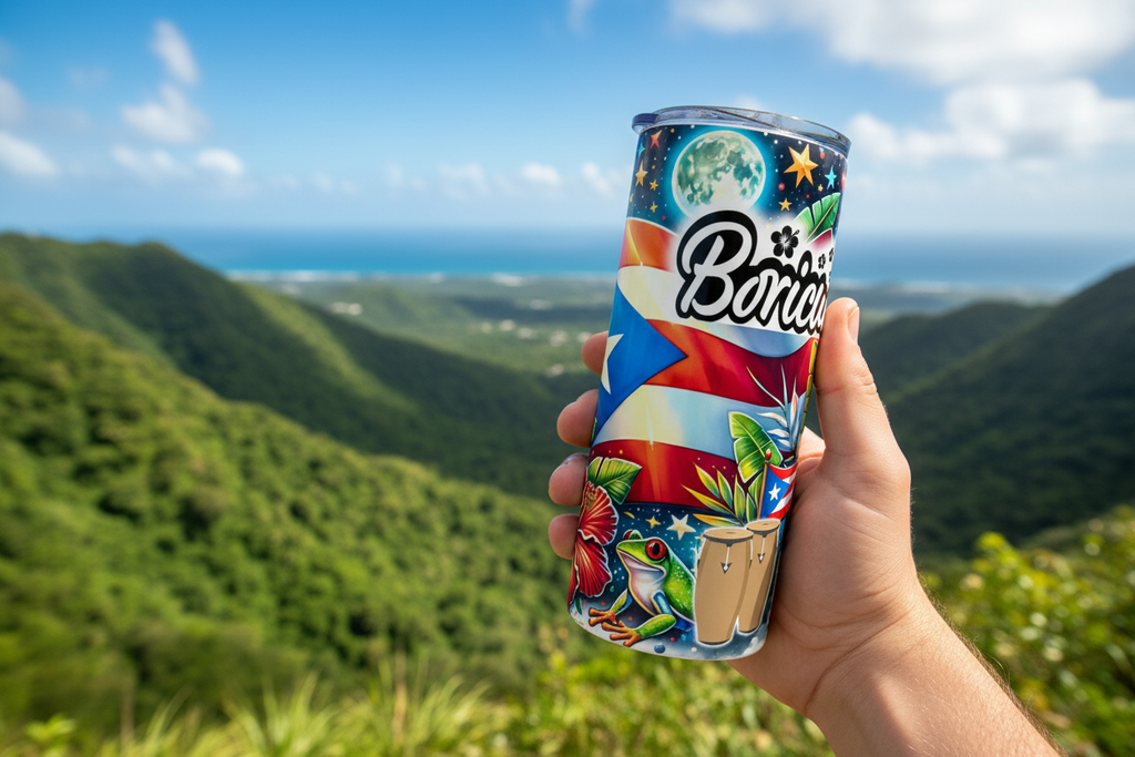 Boricua Tumbler on mountain overlook