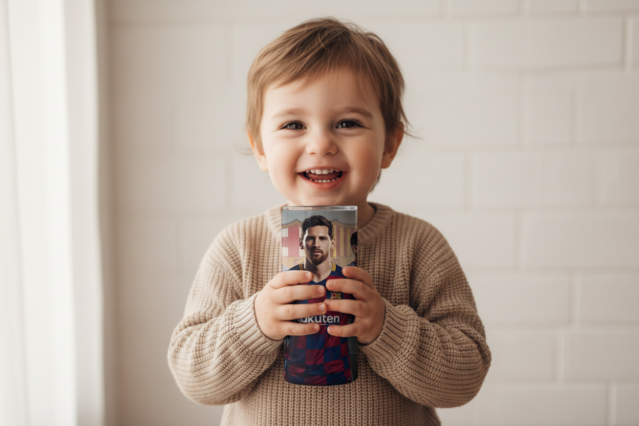 Child holding Messi product