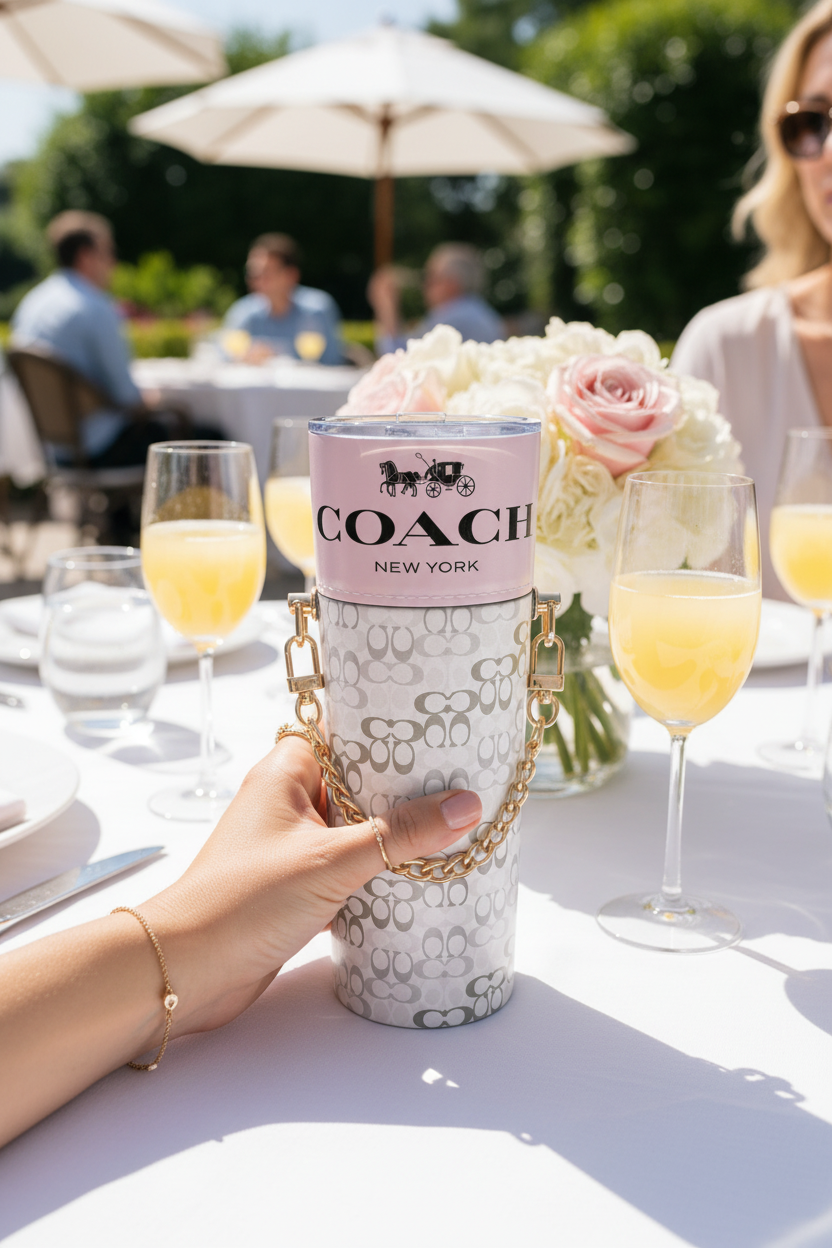 Coach tumbler held at an upscale outdoor brunch
