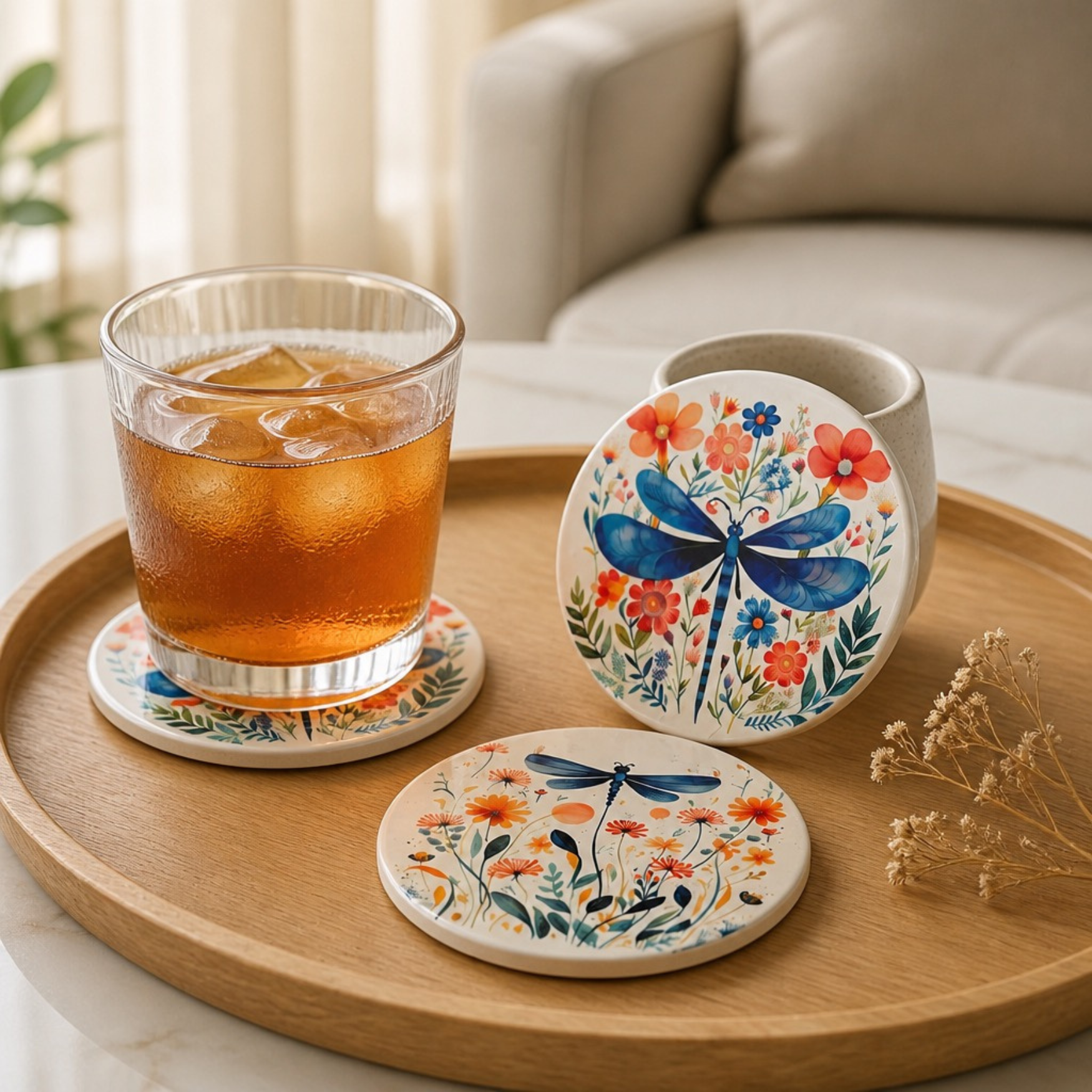 Dragonfly 4" ceramic coaster set