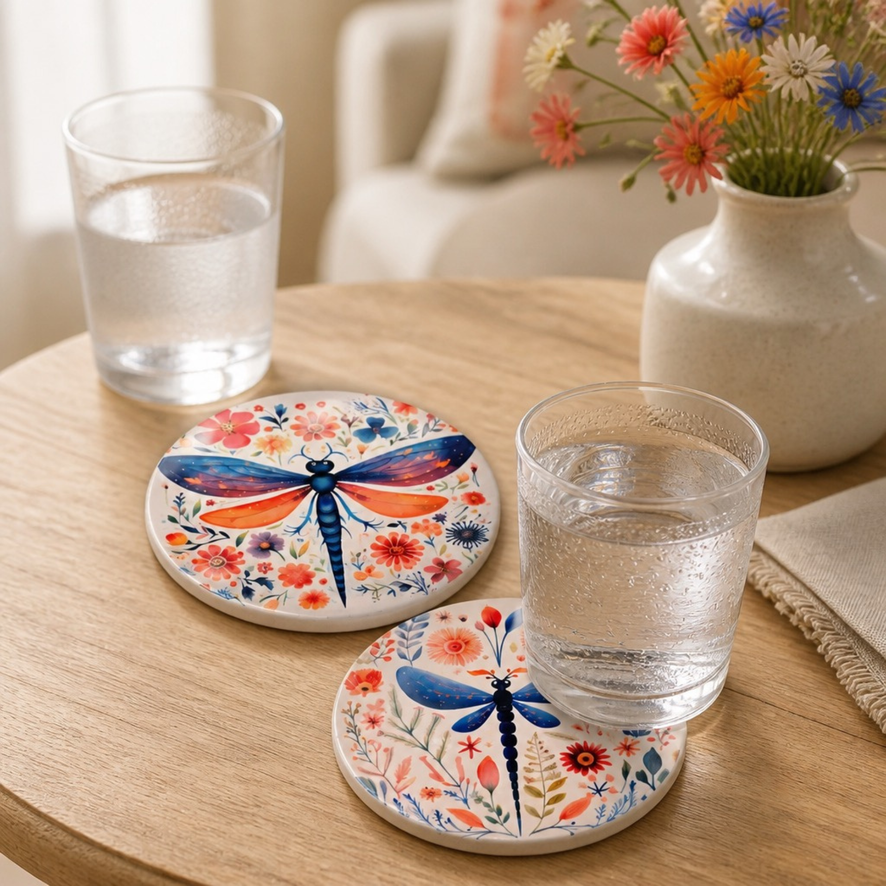Dragonfly 4" ceramic coaster set