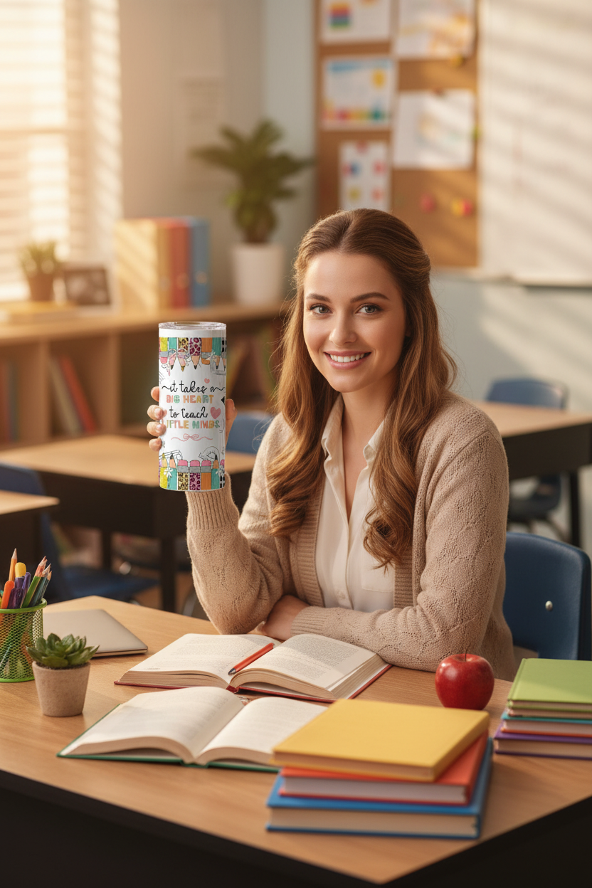 Female Teacher Sitting at Desk with Tumbler