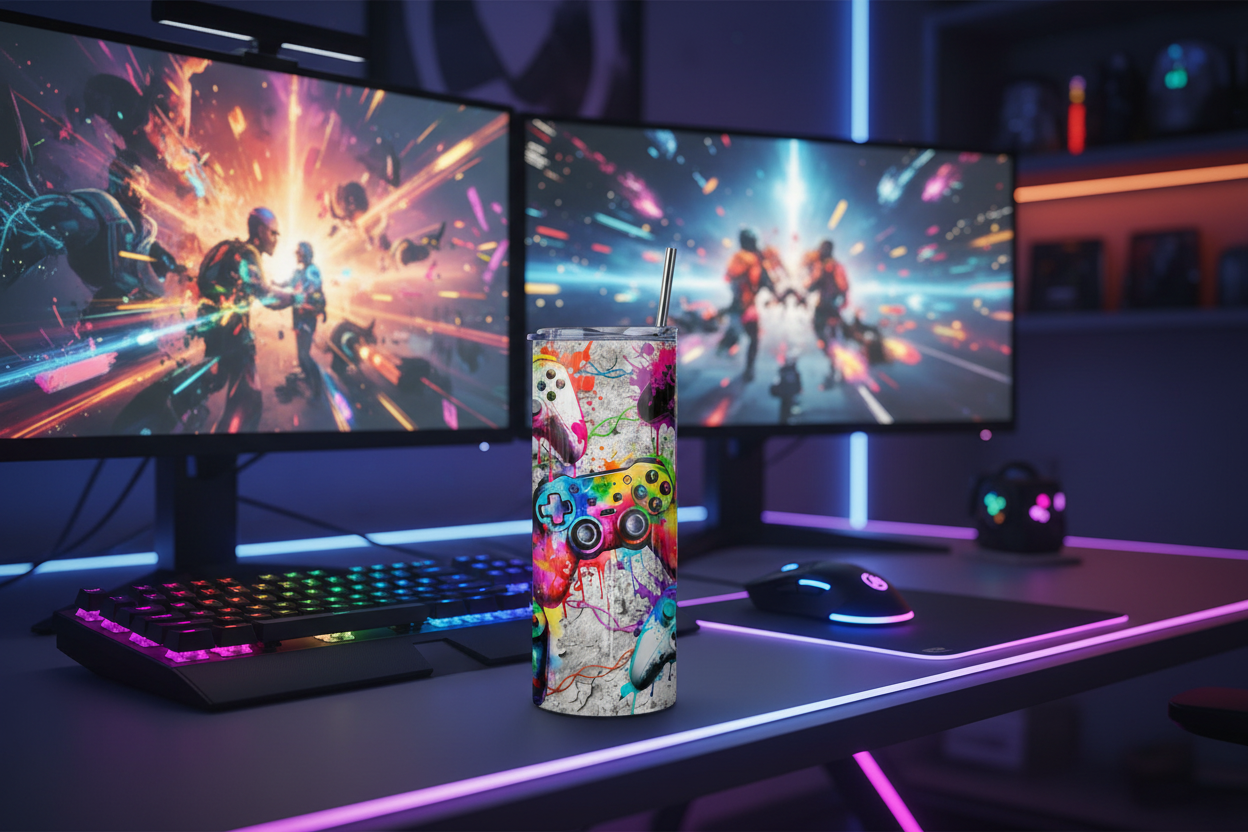 Gamer Tumbler on RGB gaming desk