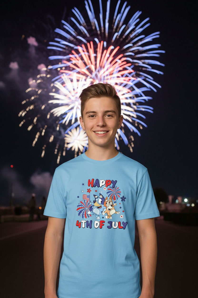 Happy 4th of July - Sky Blue Shirt with Fireworks