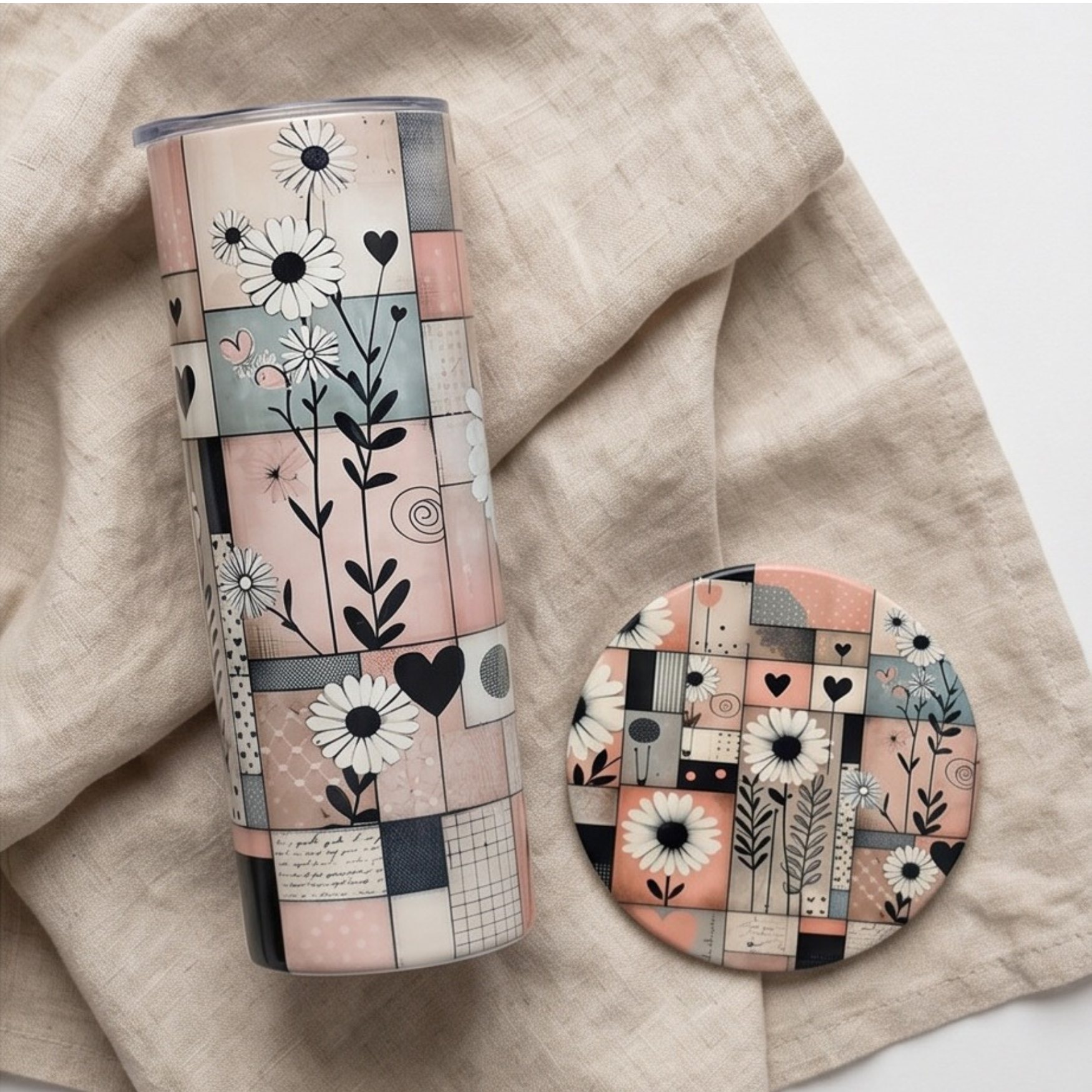 Heart Pattern 20oz Tumbler & 4" Ceramic coaster Bundle