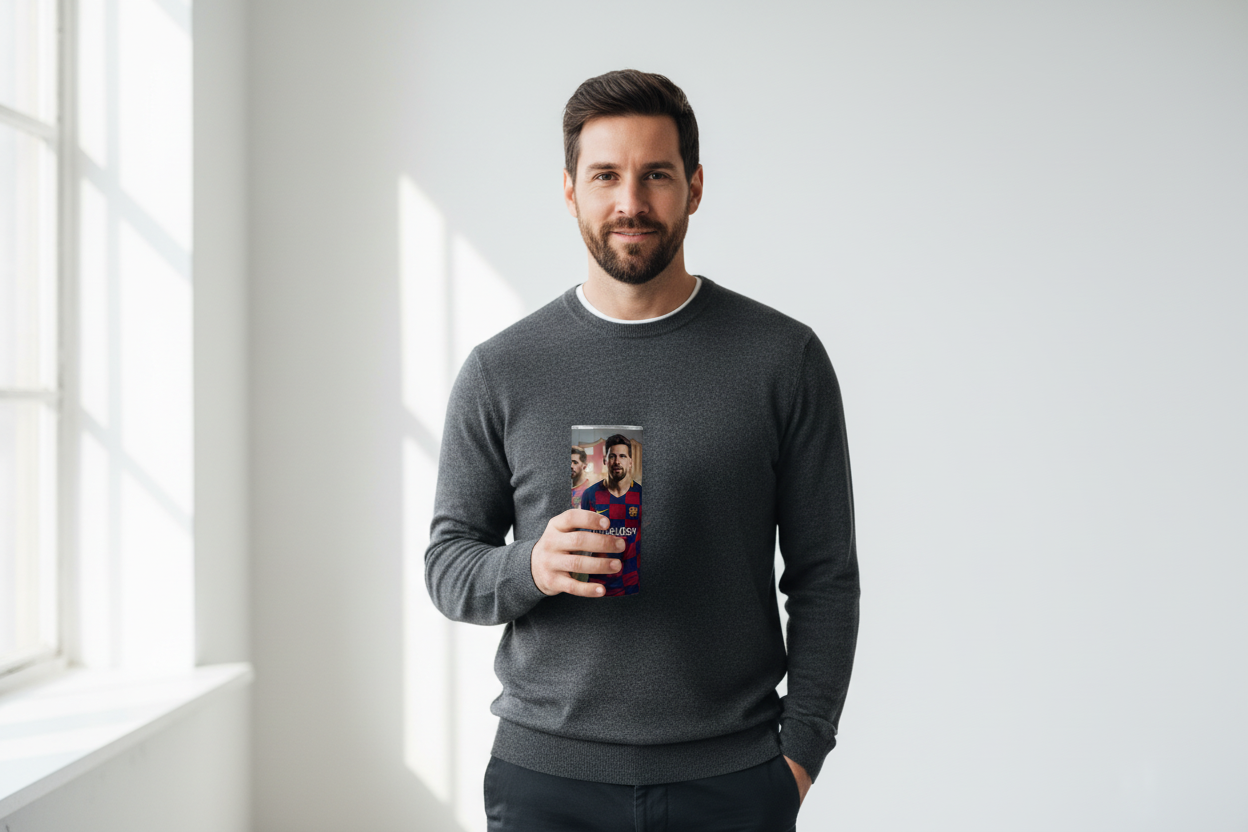 Male holding Messi product