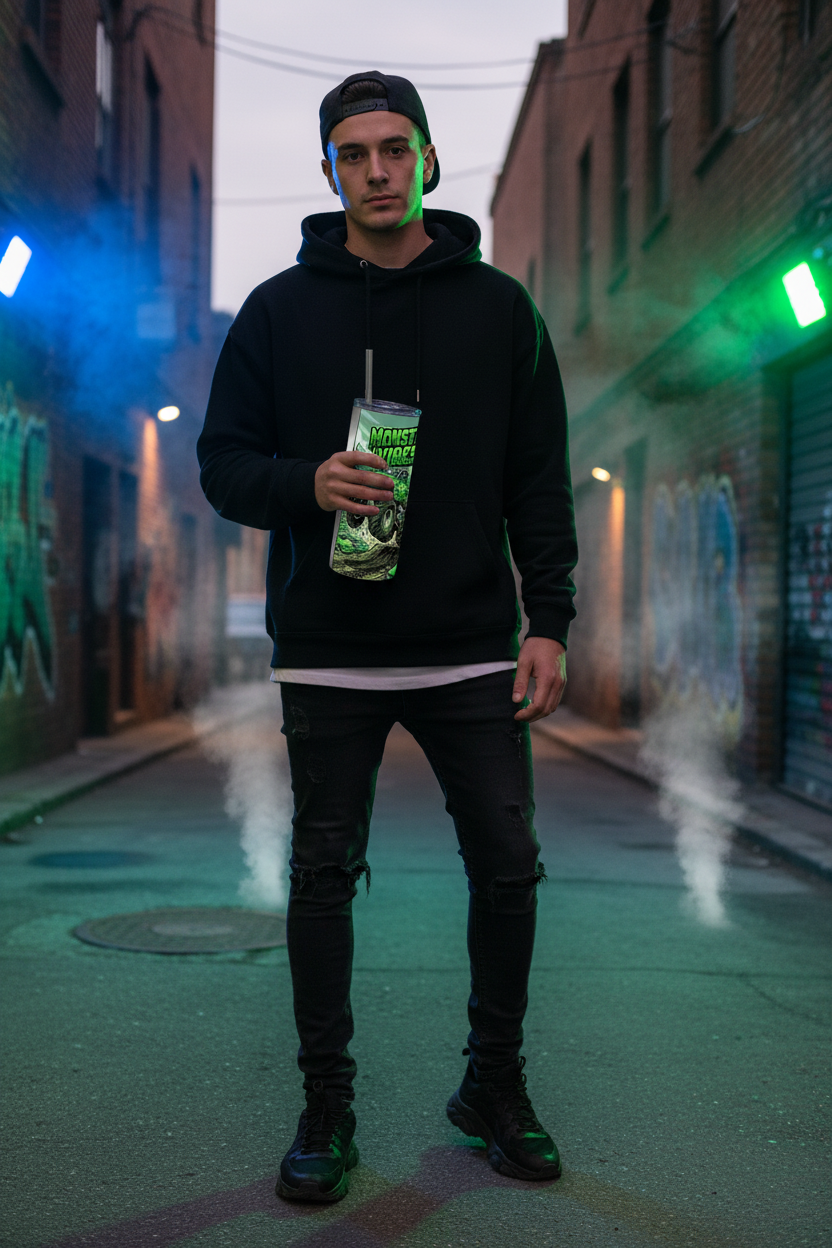 Male Holding Monster Vibes Tumbler