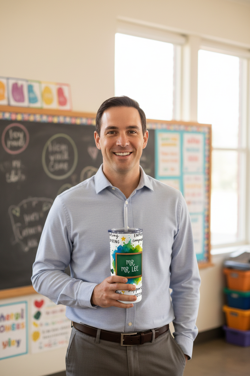 Male teacher at chalkboard with tumbler