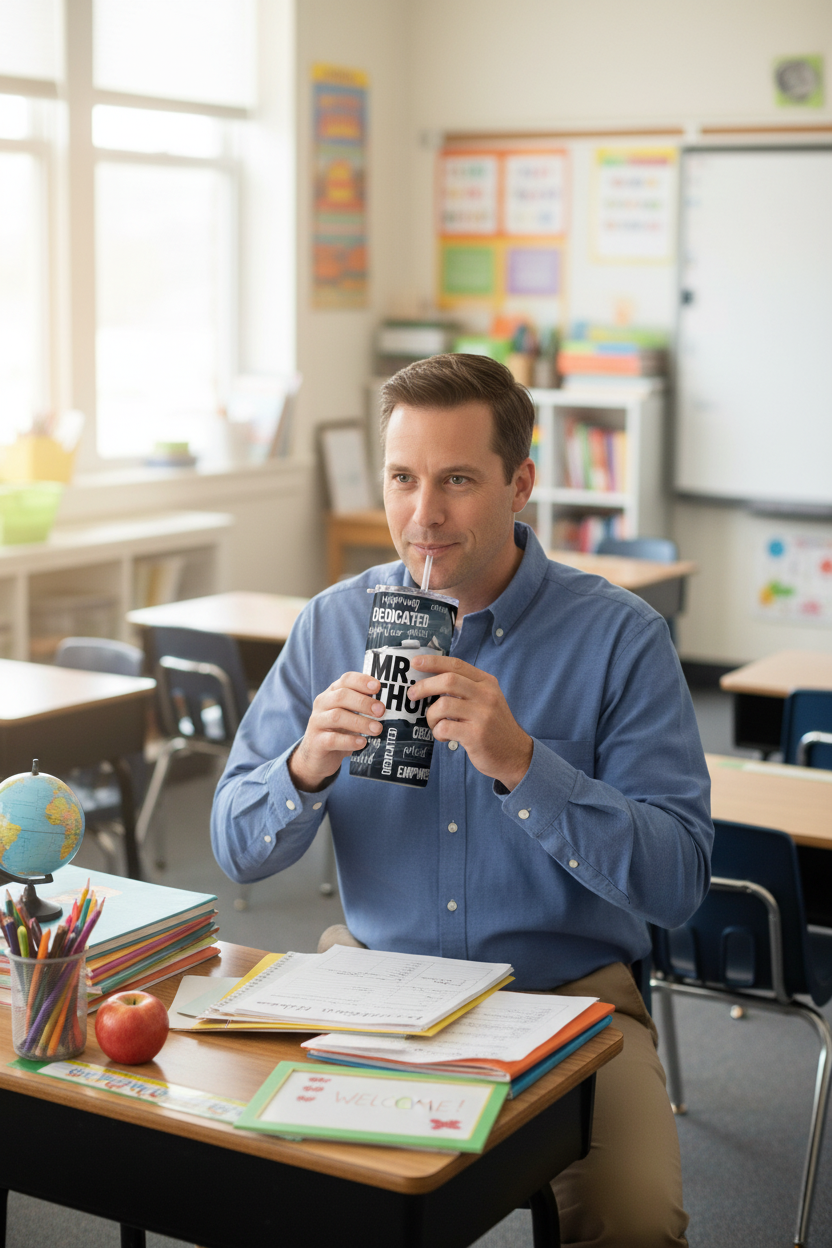 Male teacher at desk with tumbler
