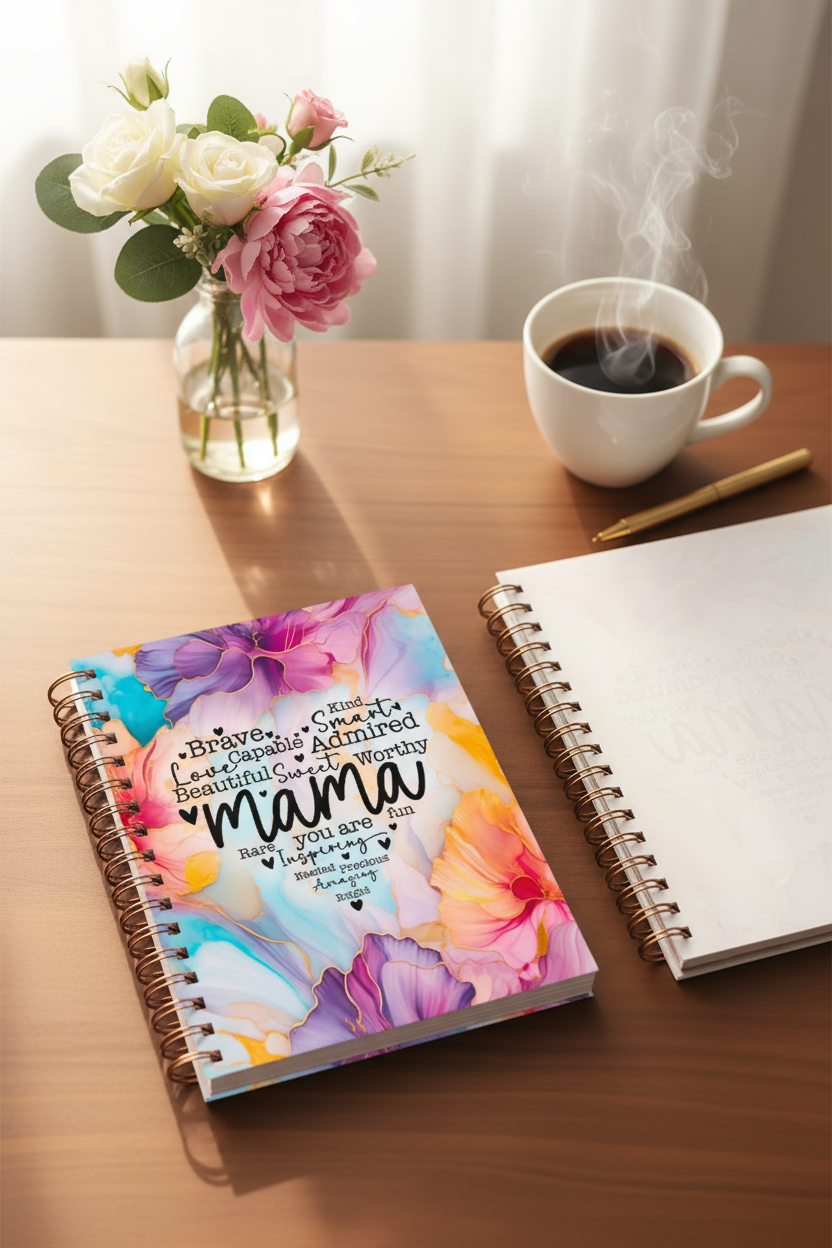 Mama journal on a cozy desk with coffee and flowers