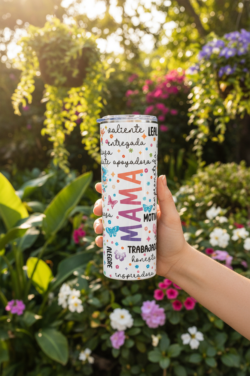 MaMa tumbler held outdoors in a garden
