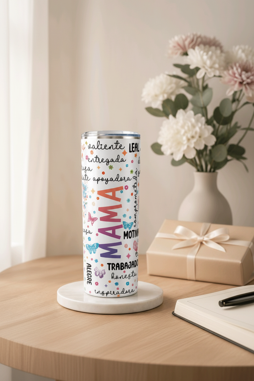 MaMa tumbler on a cozy desk with journal and flowers