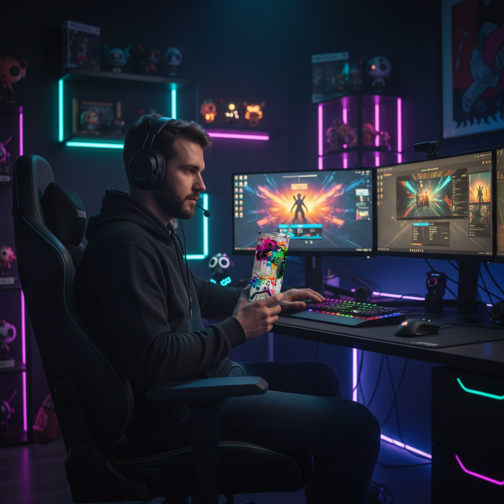 Man in Gaming Room with Tumbler