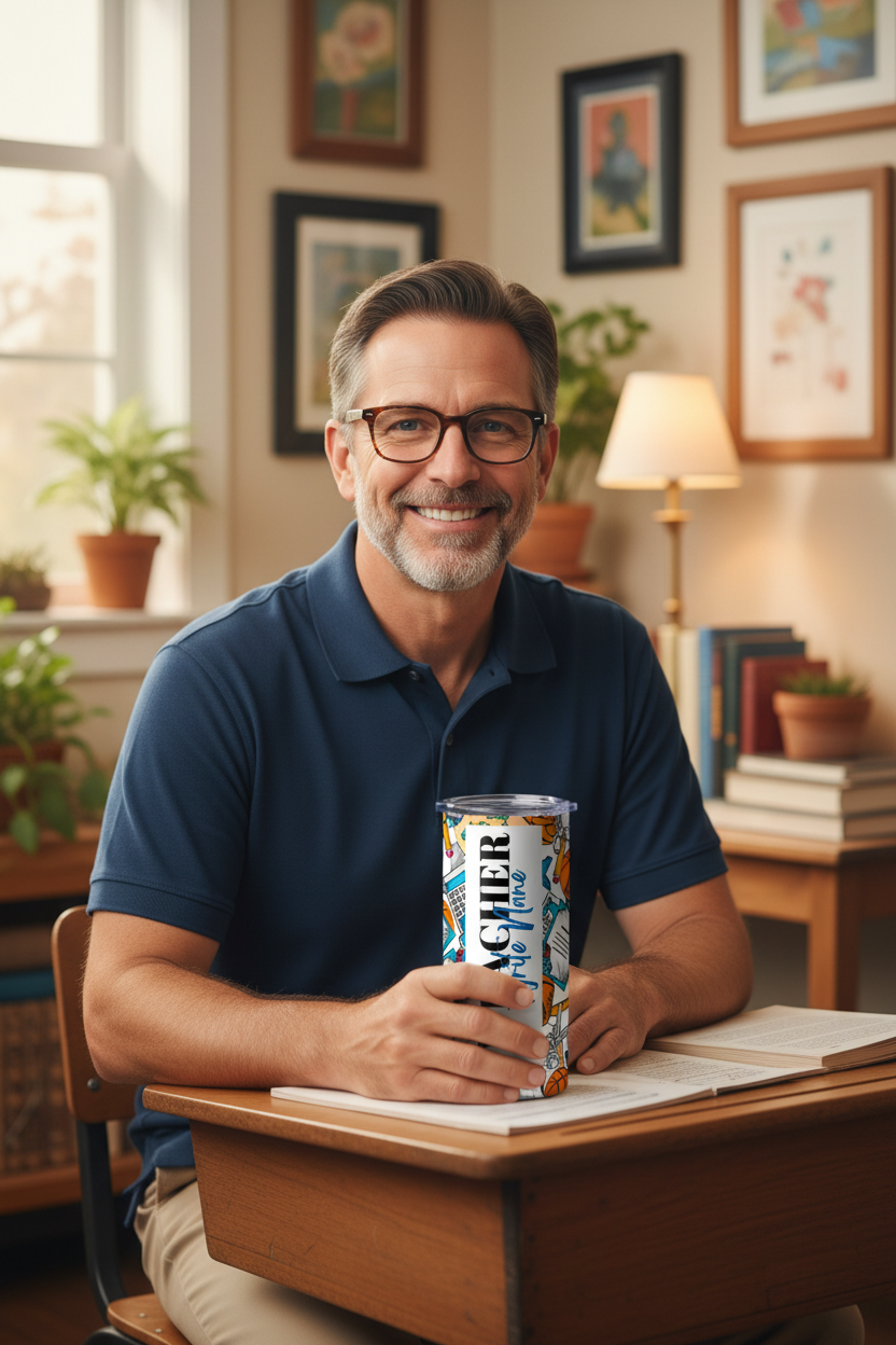 Middle-Aged Male Teacher Holding Tumbler