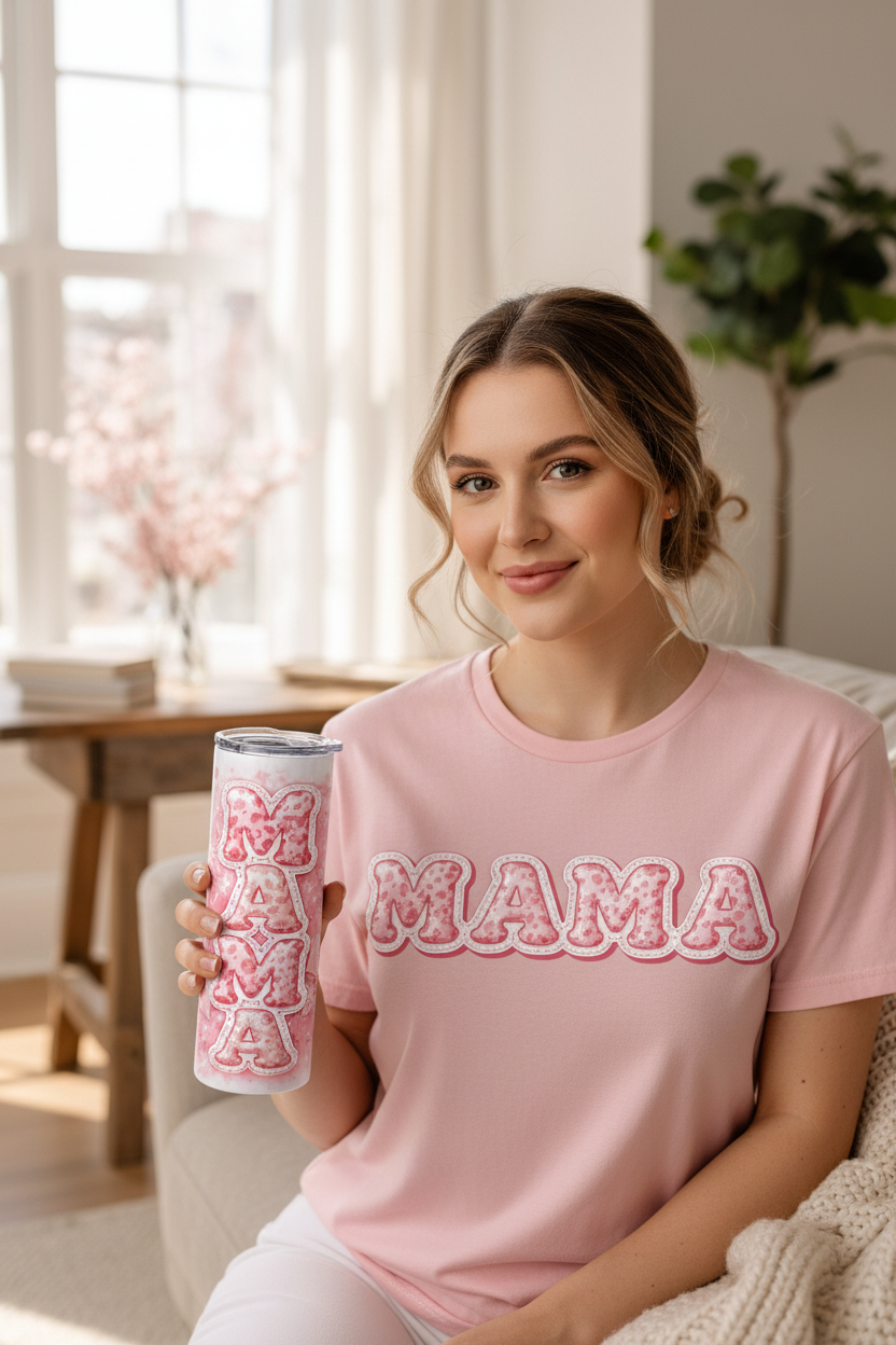 Mom holding pink tumbler indoors