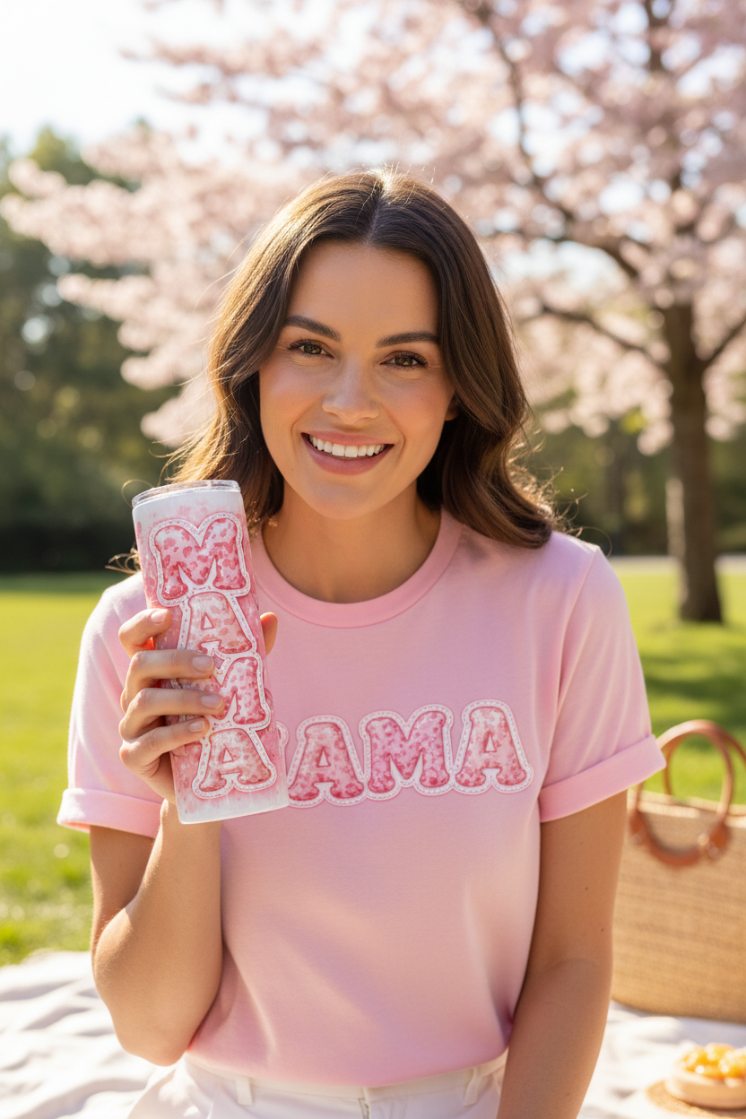 Mom holding pink tumbler outdoors
