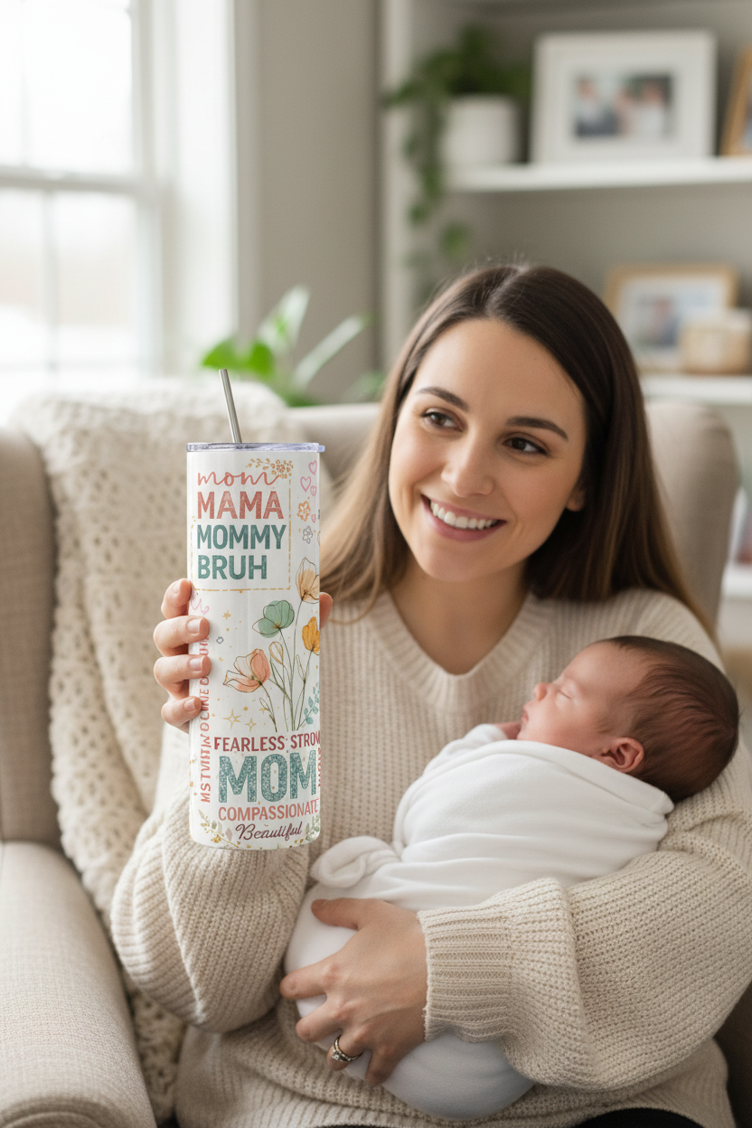 Mom holding tumbler indoors