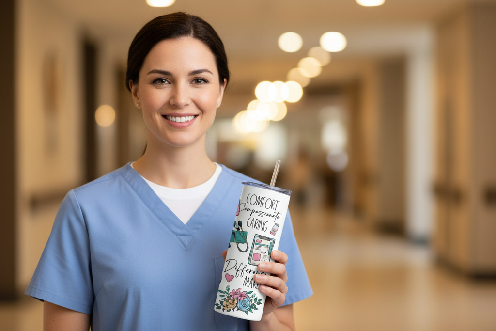 Nurse holding tumbler solo