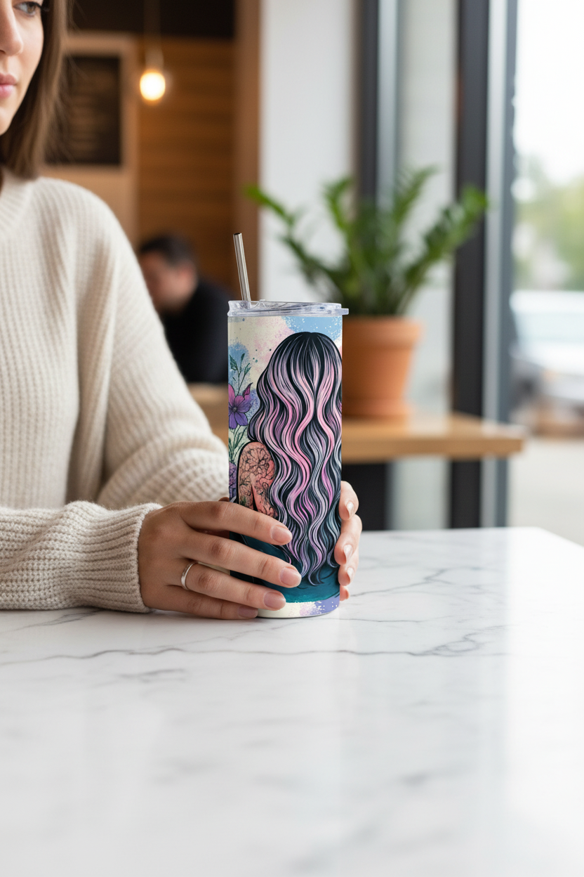 Pattern tumbler held at a bright modern coffee shop