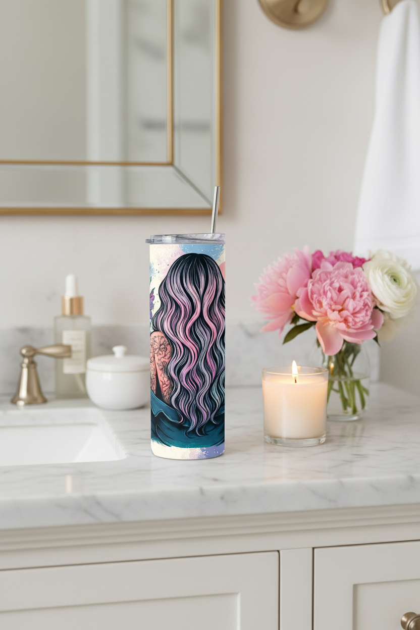 Pattern tumbler on a bathroom vanity with candle and flowers