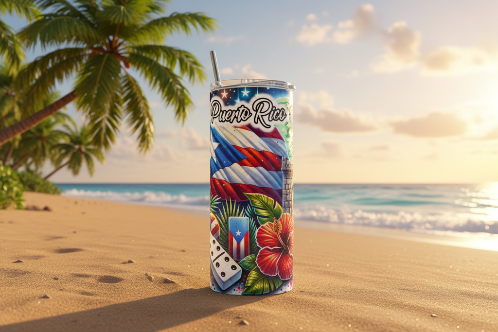 PR Tumbler on tropical beach