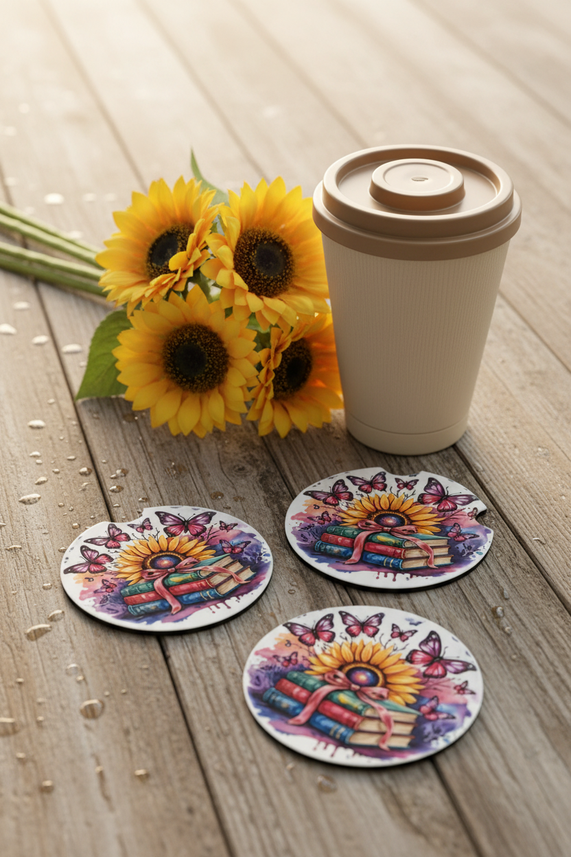 Sunflower butterfly coasters flat lay with fresh sunflowers