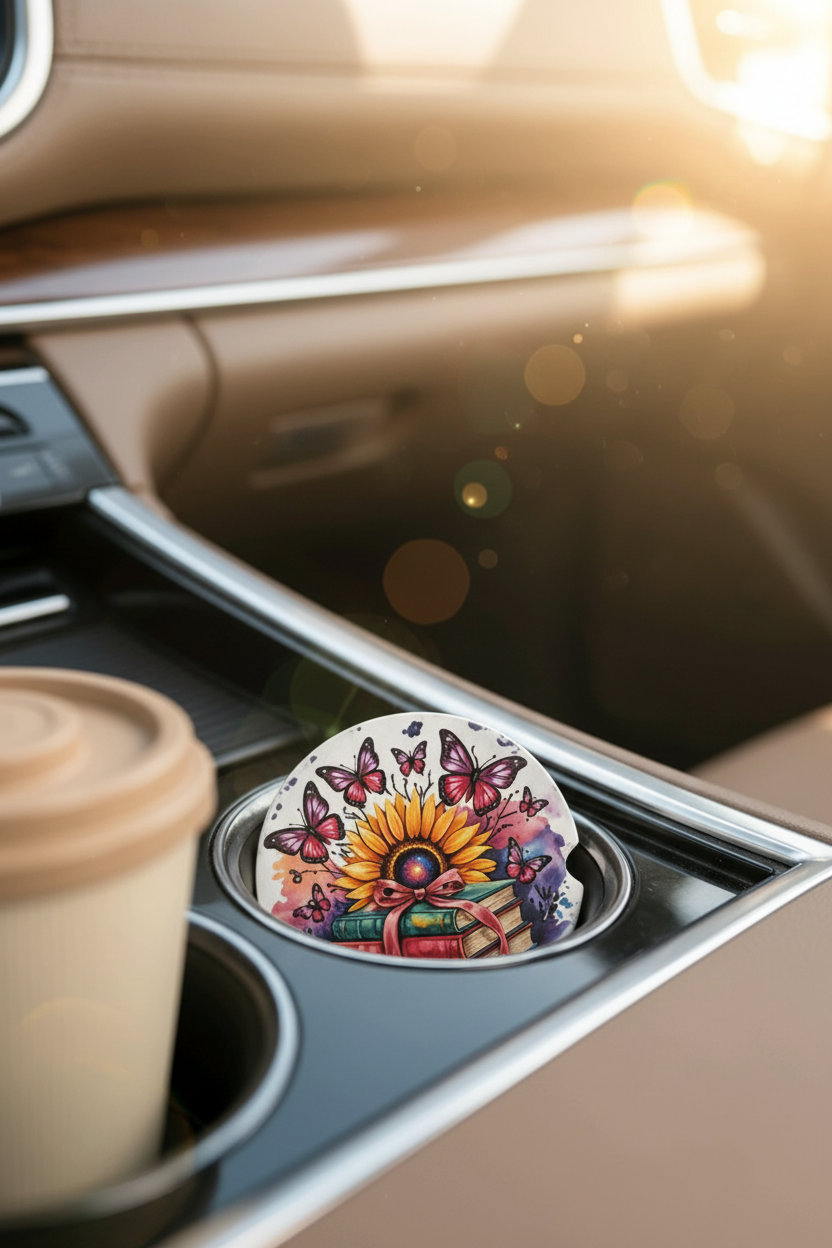 Sunflower butterfly coasters in a car cup holder