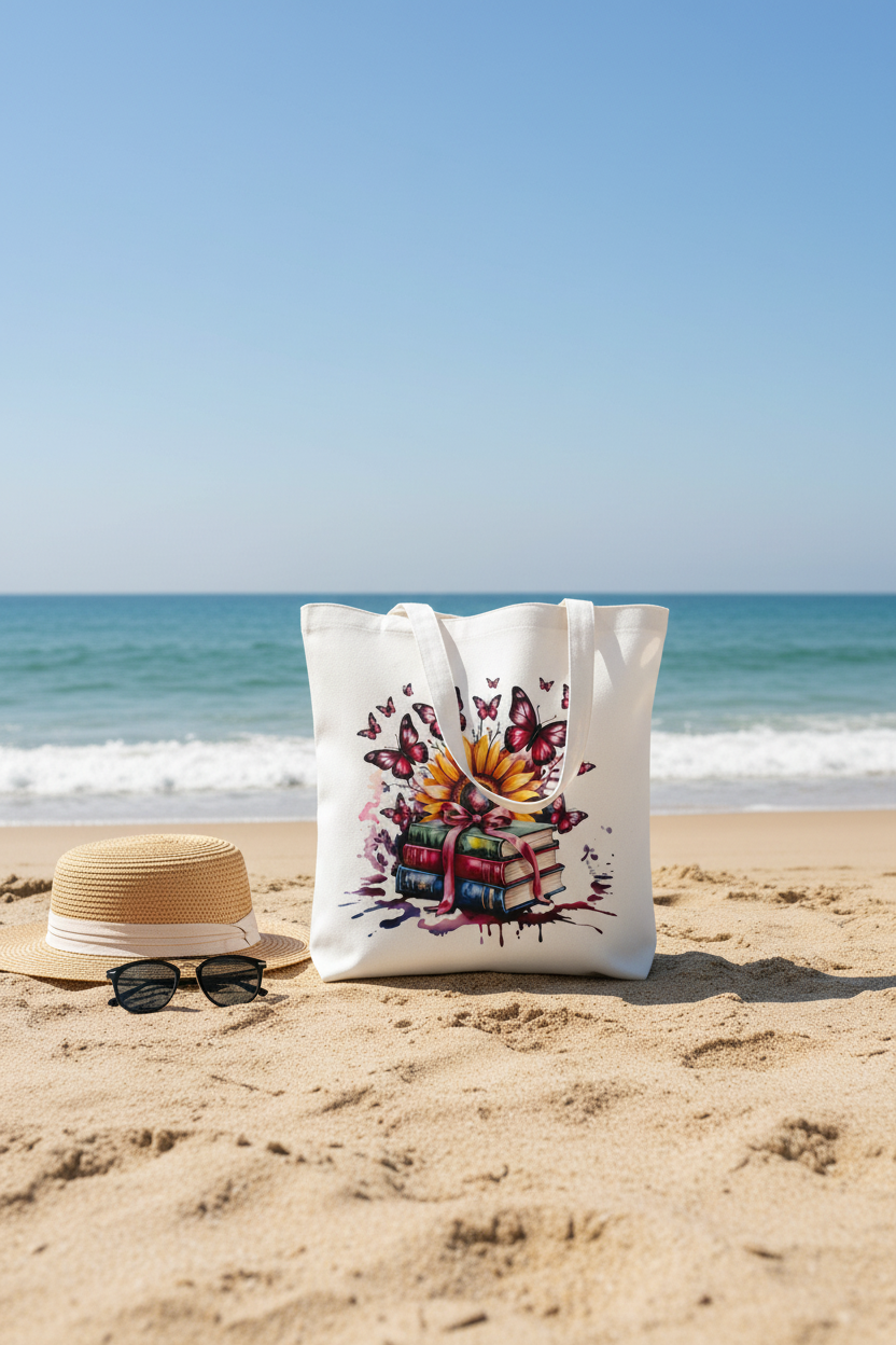 Sunflower butterfly tote bag on a sandy beach
