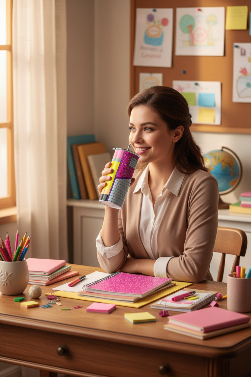 Teacher at Desk with Pink Tumbler
