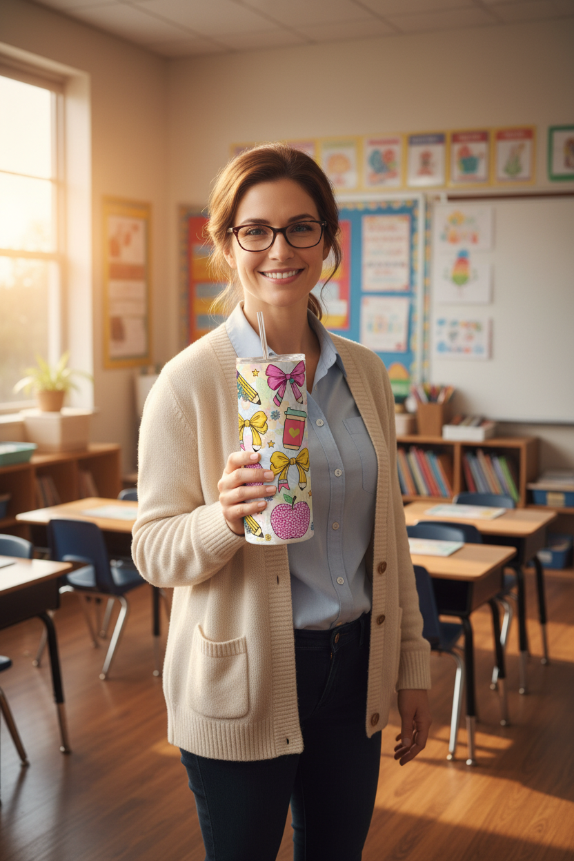 Teacher holding tumbler