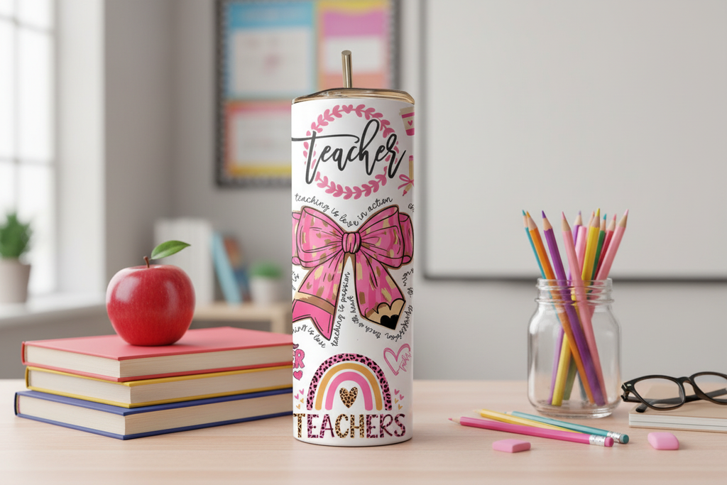 Teacher tumbler on desk