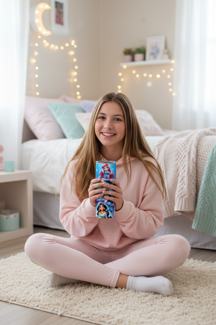 Teenage Girl Holding Stitch/Princess Tumbler