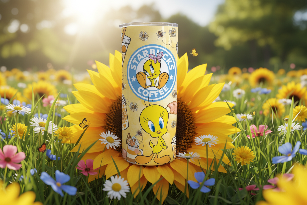 Tweety Tumbler in sunflower garden