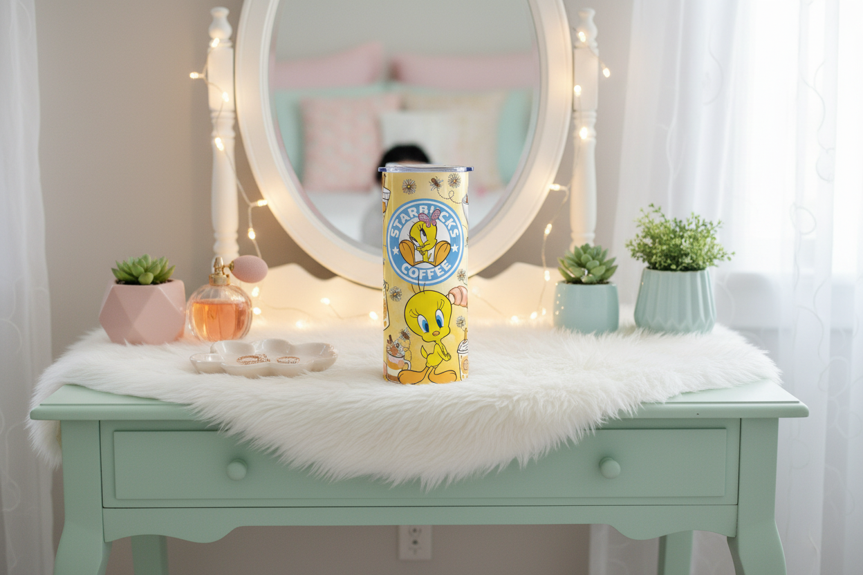 Tweety Tumbler on pastel vanity