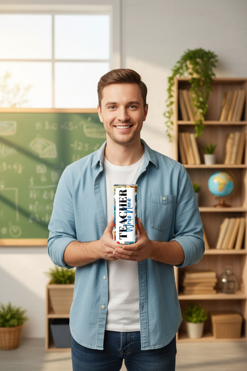 Young Male Teacher Holding Tumbler